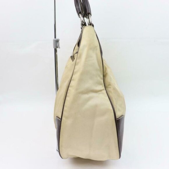 Prada Xl Hobo Style Shoulder Purse Champagne Nylon And Brown Leather With Chrome - Picture 4 of 8